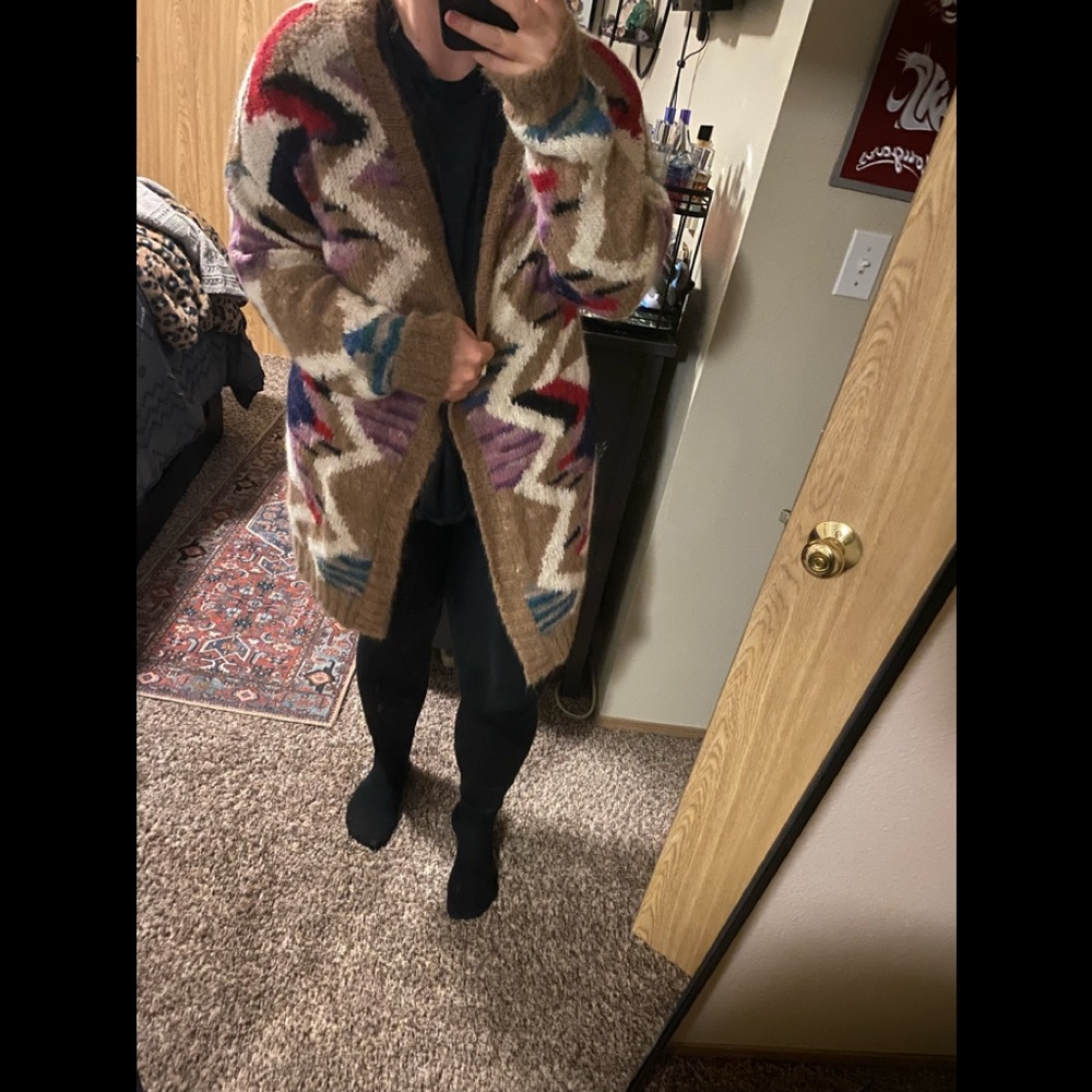 Anthropologie Hand Knit Mosaic Cardigan ❤️🖤🤎 - Picture 7 of 9